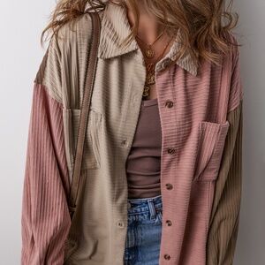 B152 Mineral Red Color block Chest Pockets Buttoned Corduroy Shacket